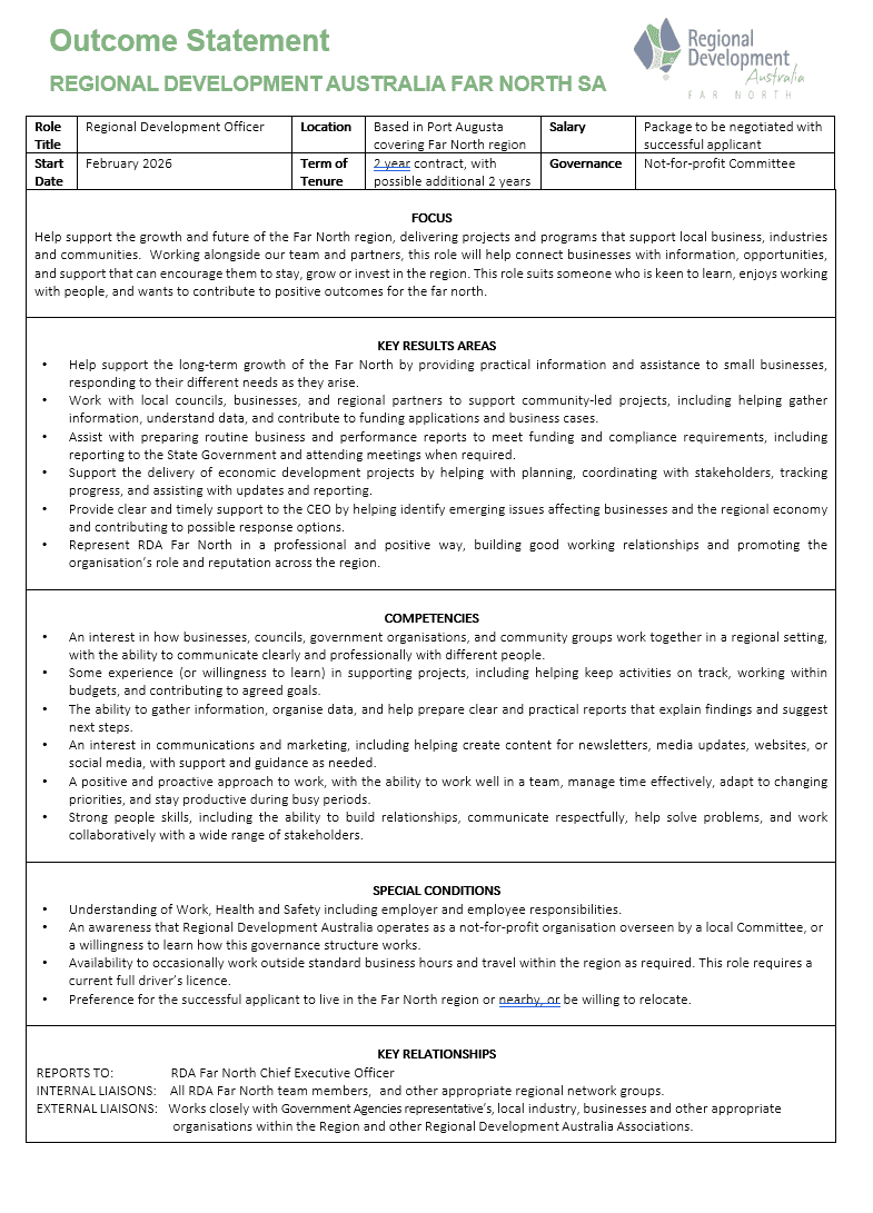 Outcome Statement Regional Development Officer 2026
